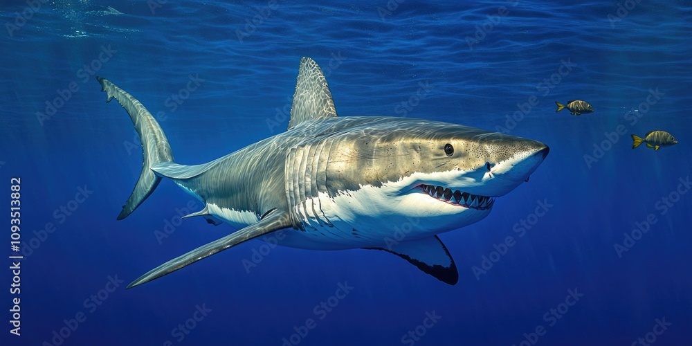 Fototapeta premium A great white shark glides through the ocean waters