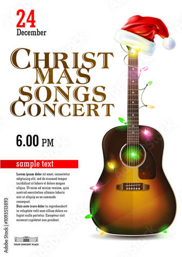 Christmas songs concert poster template. Acoustic guitar, garland lights, Santa Claus hat, text template
