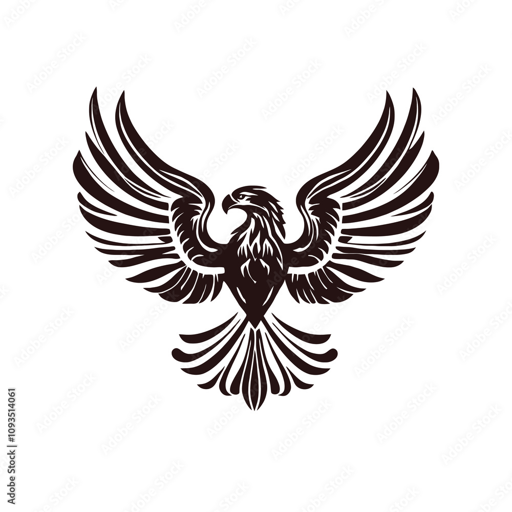 Fototapeta premium Eagle logo. Silhouette of a flying bird of prey. A hawk with its wings spread wide. Design element for creating emblems, coats of arms, monograms.