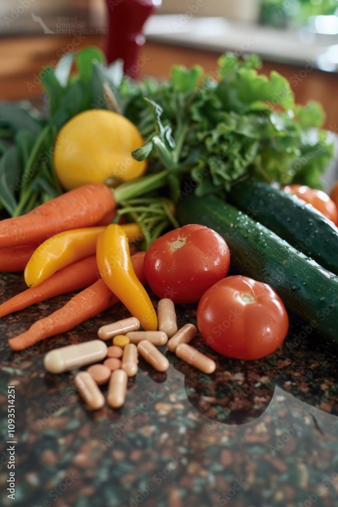 Fresh produce arranged on a kitchen countertop Fresh produce arranged on a kitchen countertop