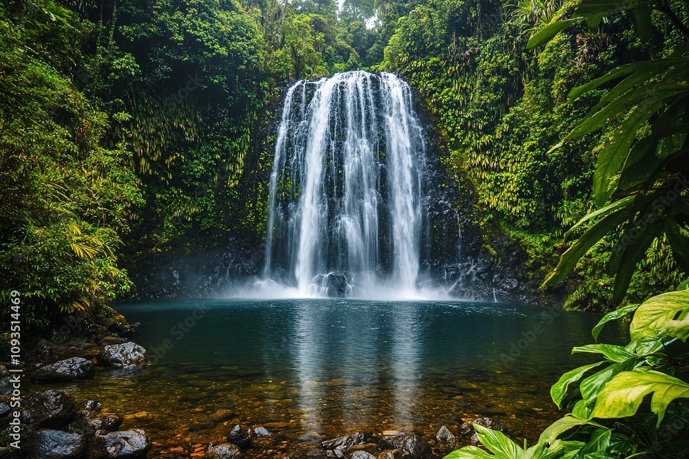 Fototapeta premium Tropical waterfall with lush foliage and serene pond