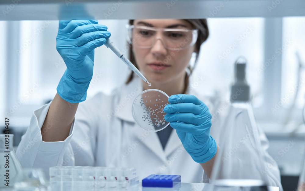 Cropped shot of a female microbiologist in medical gloves, observing a bacterial colony in a petri dish while dripping liquid from a pipette at a laboratory workstation, with copy space.
Cropped shot of a female microbiologist in medical gloves, observing a bacterial colony in a petri dish while dripping liquid from a pipette at a laboratory workstation, with copy space.