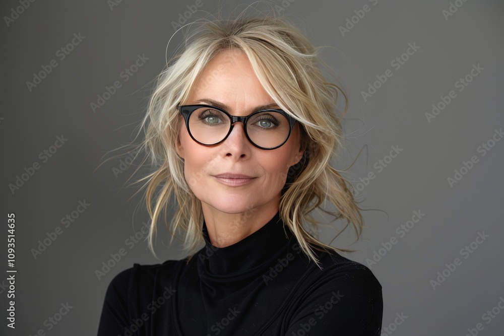 Serious Senior Woman Wearing Glasses on a Gray Background for a Portrait Serious Senior Woman Wearing Glasses on a Gray Background for a Portrait