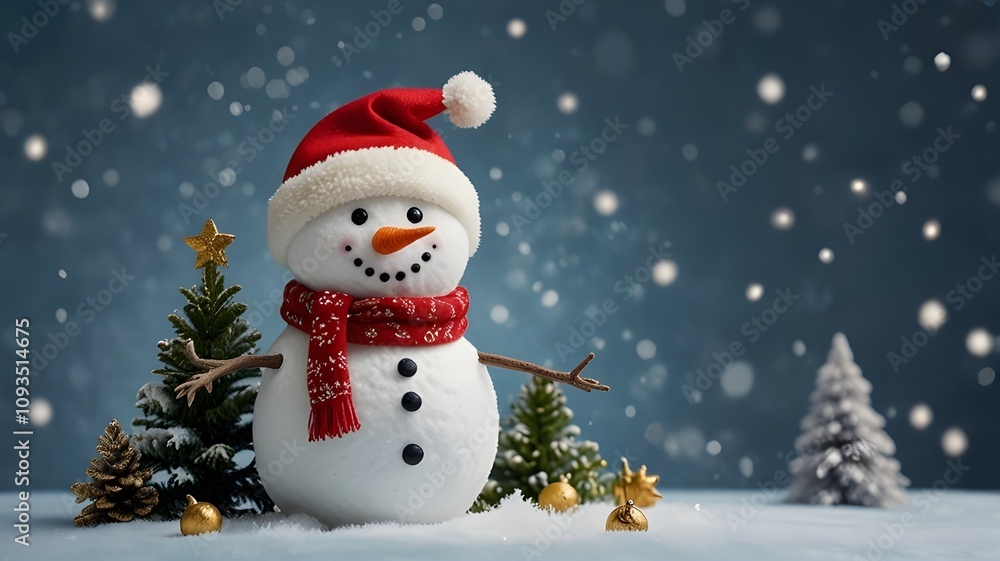 A festive winter scene showcasing a snowman with a Santa hat, a sparkling Christmas tree, golden snowflakes, and shimmering golden decorations. A festive winter scene showcasing a snowman with a Santa hat, a sparkling Christmas tree, golden snowflakes, and shimmering golden decorations.
