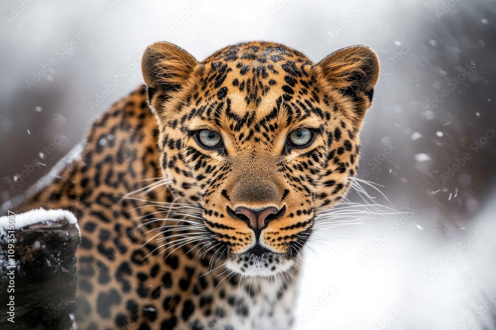 Close-up shot of a leopard's face in snowy surroundings, with fur fluffed up for warmth Close-up shot of a leopard's face in snowy surroundings, with fur fluffed up for warmth