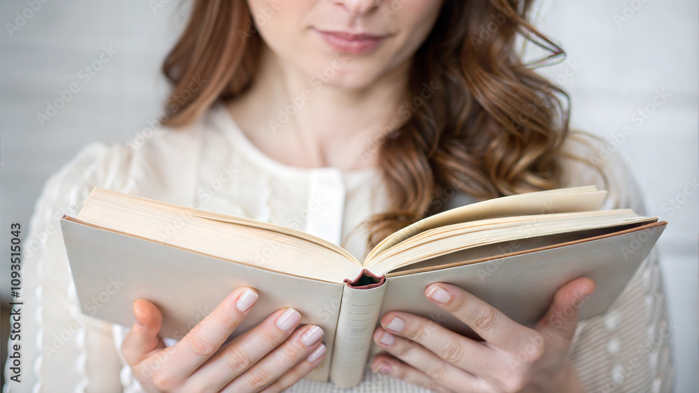 Woman holding a book while relaxing at home in a bright and cozy room Woman holding a book while relaxing at home in a bright and cozy room