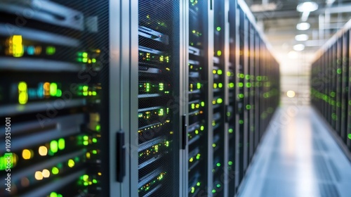 A row of server racks with illuminated indicators in a data center.