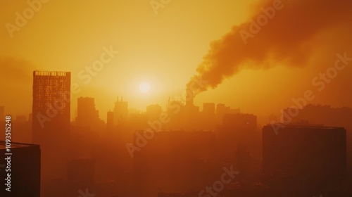 Industrial Pollution: Vibrant Sunset Obscured by Thick Smoke in Urban Cityscape