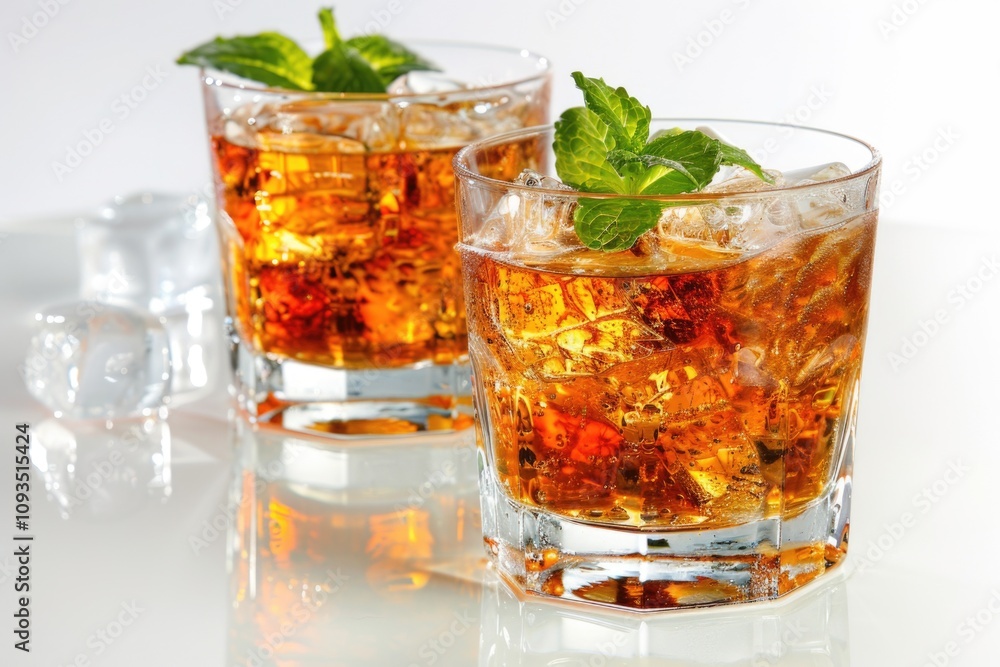 Two glasses filled with refreshing iced tea and garnished with fresh mint leaves, perfect for a warm day or a relaxing moment Two glasses filled with refreshing iced tea and garnished with fresh mint leaves, perfect for a warm day or a relaxing moment