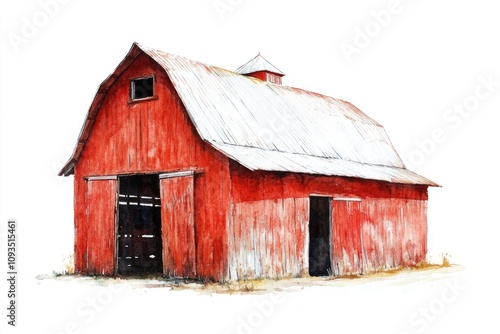 A rural farmhouse with a distinctive red body and white roof, surrounded by nature