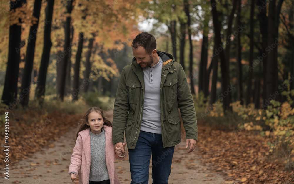 Close-up of a father and daughter enjoying a walk in an autumn forest, sharing a fun moment outdoors together.
Close-up of a father and daughter enjoying a walk in an autumn forest, sharing a fun moment outdoors together.