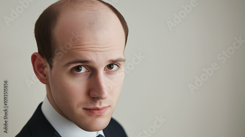 Young professional man with patchy uneven balding causing visible insecurity