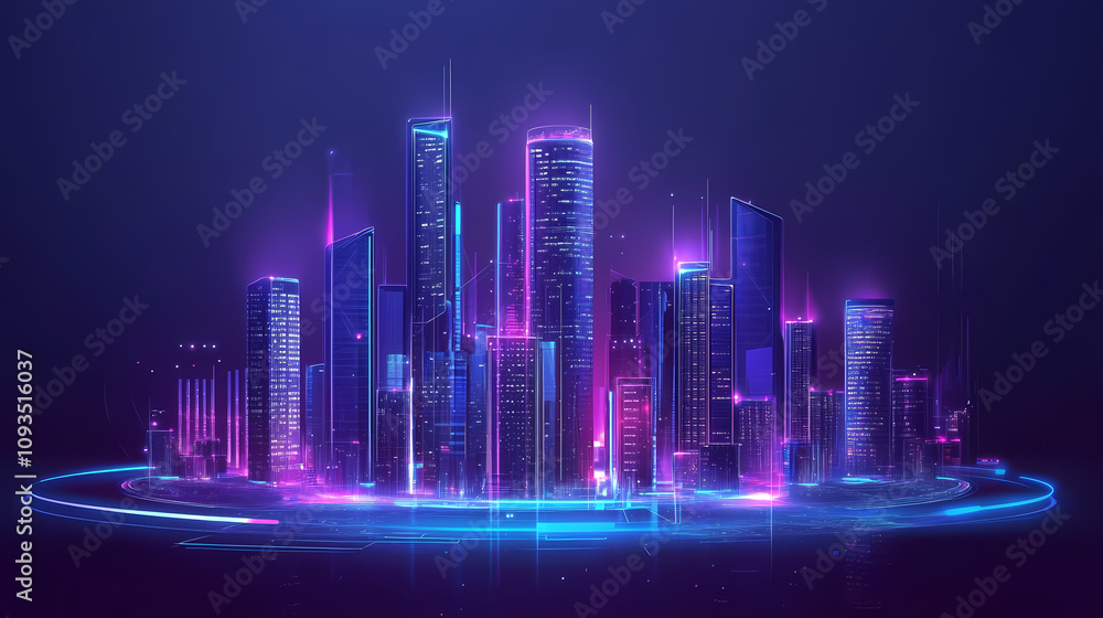 Futuristic smart city with digital technology elements and holographic interfaces concept illustration. Futuristic Holographic Cities. Illustration Futuristic smart city with digital technology elements and holographic interfaces concept illustration. Futuristic Holographic Cities. Illustration