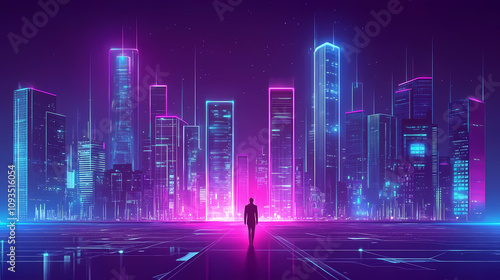 Futuristic smart city with digital technology elements and holographic interfaces concept illustration. Futuristic Holographic Cities. Illustration