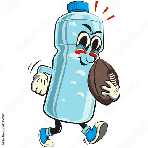 water plastic bottle cartoon mascot character playing rugby and american football, vector illustration isolated, work of hand drawn