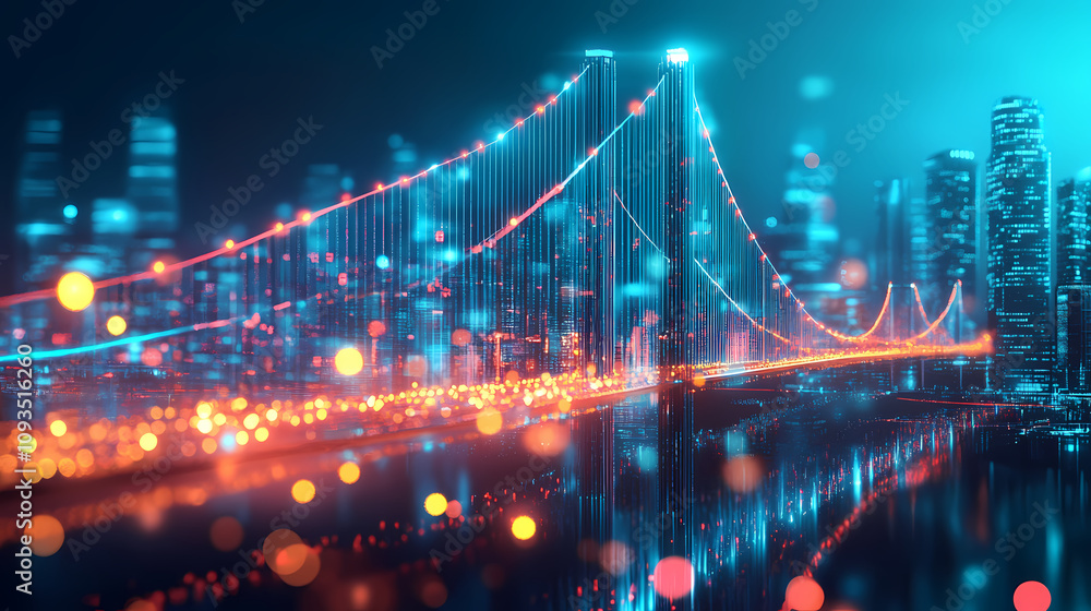 Obraz premium Futuristic depiction of a glowing, holographic bridge connecting two futuristic cities, symbolizing how gratitude connects people in a high-tech world. Futuristic Holographic Cities. Illustration