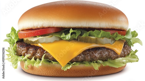 Juicy cheeseburger with lettuce, tomato, and pickles on a sesame seed bun.