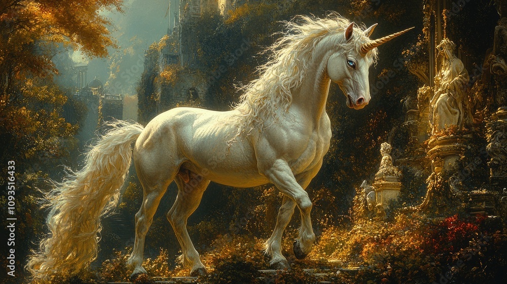 A majestic unicorn stands in a mystical forest, surrounded by ancient ruins and vibrant foliage. A majestic unicorn stands in a mystical forest, surrounded by ancient ruins and vibrant foliage.
