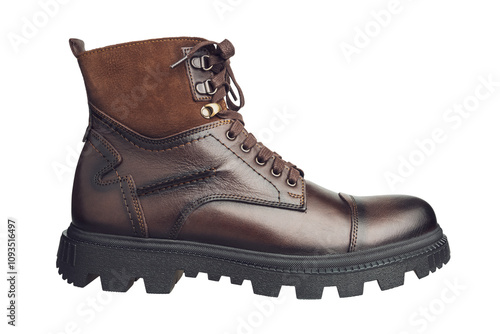 Tall men's leather boots isolated on a white background: stylish and reliable shoes for men of any age