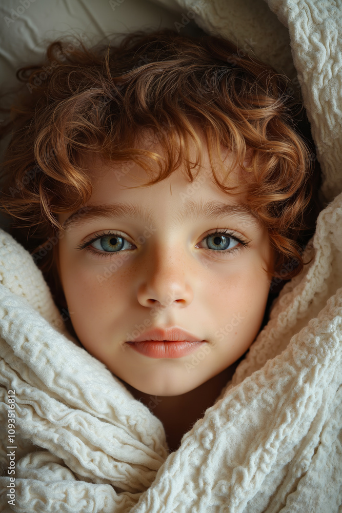 A little boy with blue eyes wrapped in a blanket A little boy with blue eyes wrapped in a blanket