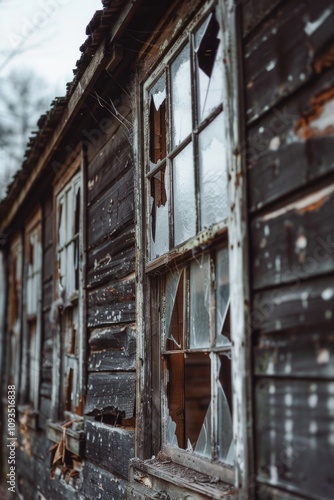 A worn-out wooden house with a broken window, possibly abandoned or in disrepair