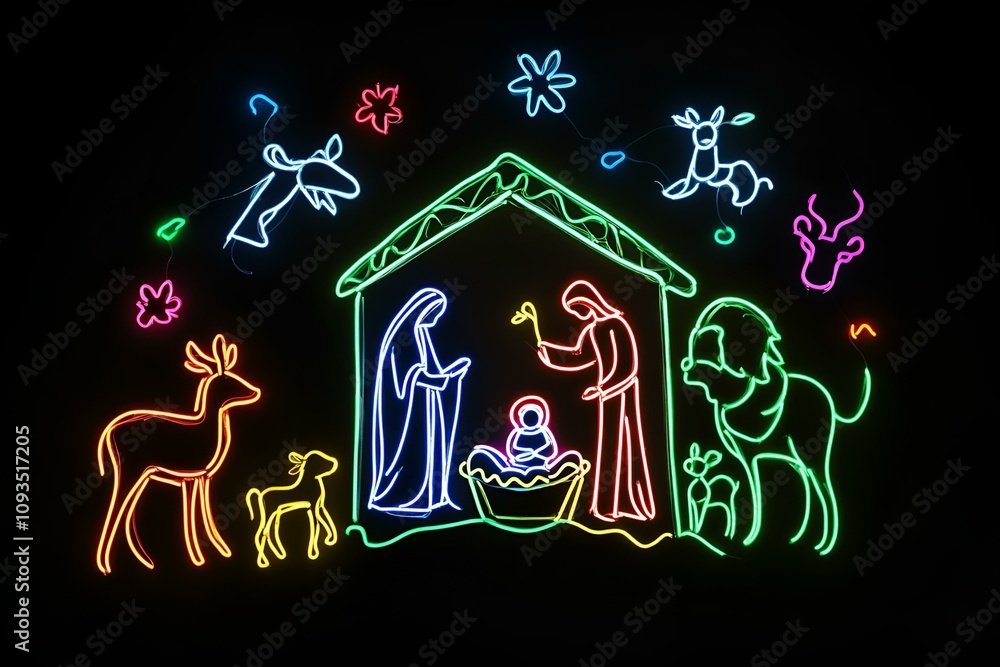 A mesmerizing 3D visualization of a neon-lit nativity scene with Mary, Joseph, and baby Jesus surrounded by glowing animals on a dark background - ar 3:2 - s 50 A mesmerizing 3D visualization of a neon-lit nativity scene with Mary, Joseph, and baby Jesus surrounded by glowing animals on a dark background - ar 3:2 - s 50