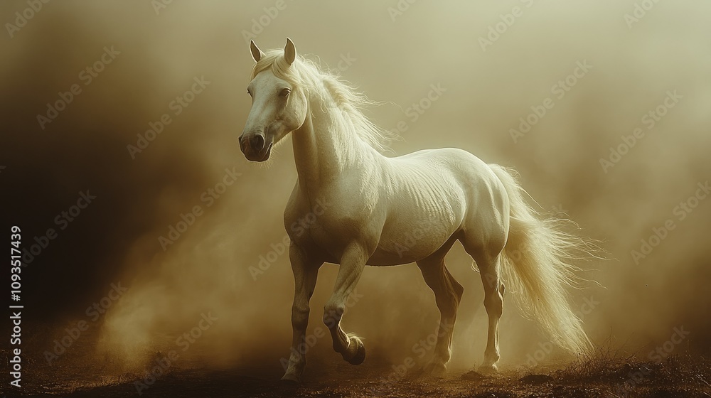 A majestic white horse galloping through a dusty environment, exuding grace and power. A majestic white horse galloping through a dusty environment, exuding grace and power.