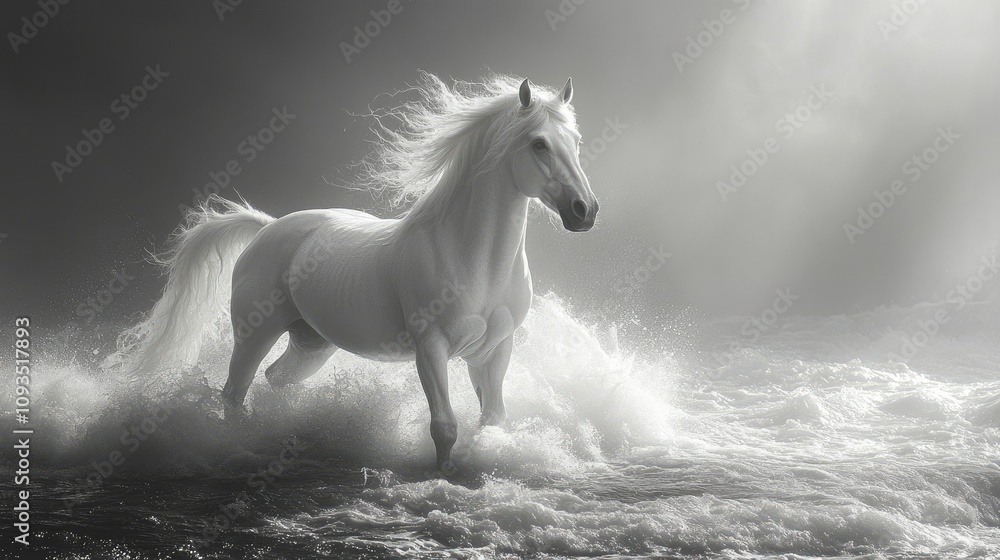 A majestic white horse gallops through turbulent waves in a dramatic black-and-white scene. A majestic white horse gallops through turbulent waves in a dramatic black-and-white scene.