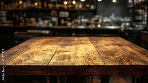 Warm and Inviting Rustic Wooden Table in Cozy Cafe Setting