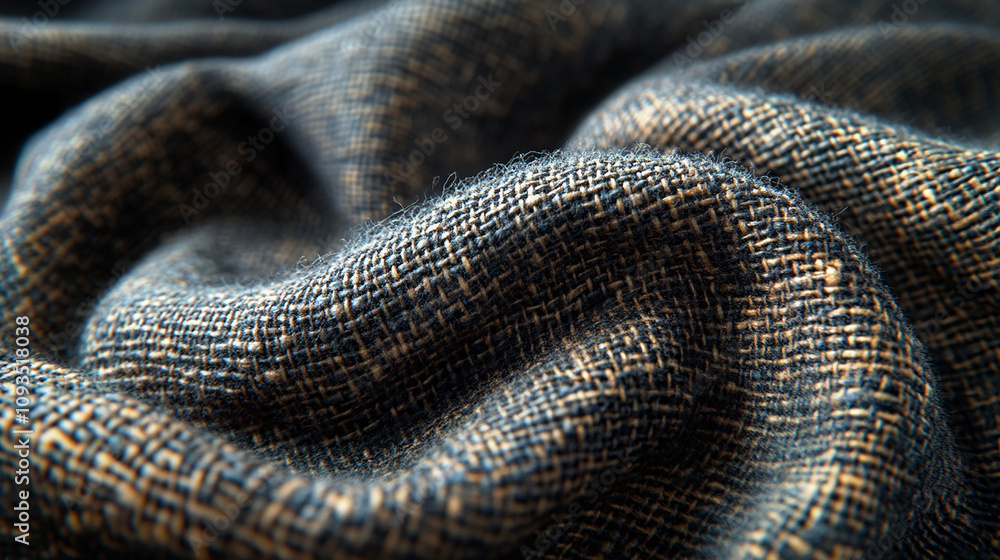 A dark gray knitted fabric, with gold threads woven in, is wrinkled and textured. A dark gray knitted fabric, with gold threads woven in, is wrinkled and textured.