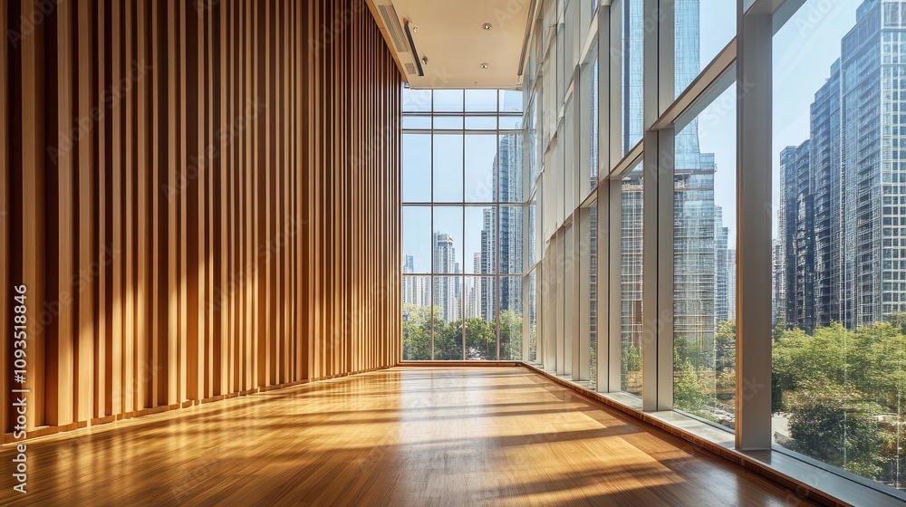 Obraz premium Modern empty room with wood wall and large windows offering city view.