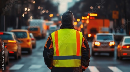 Traffic controller in a safety vest managing vehicles on a busy street