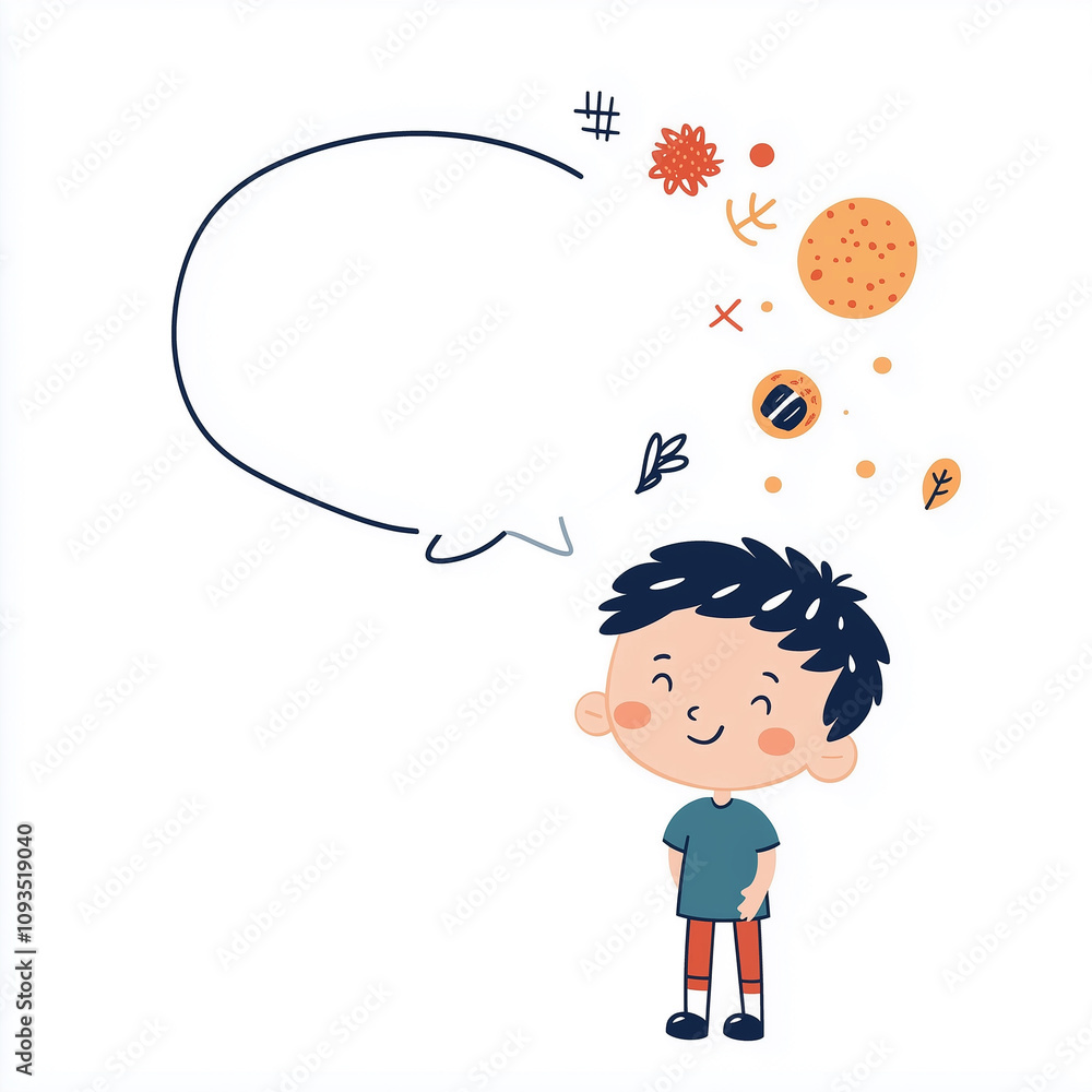 Kid flat illustration with empty text bubble above head and light bulb idea Kid flat illustration with empty text bubble above head and light bulb idea