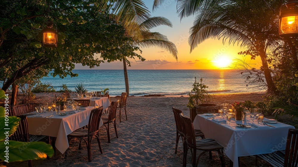 custom made wallpaper toronto digitalSerene Beachfront Dining Experience at Sunset with Tables Set Under Tropical Palm Trees and Soft Lantern Light, Ideal for Romantic Getaways or Celebrations