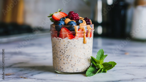 A glass jar containing overnight oats. The oats are topped with fresh strawberries, blueberries, and blackberries, as well as chia seeds. There is a drizzle of almond butter on top. photo