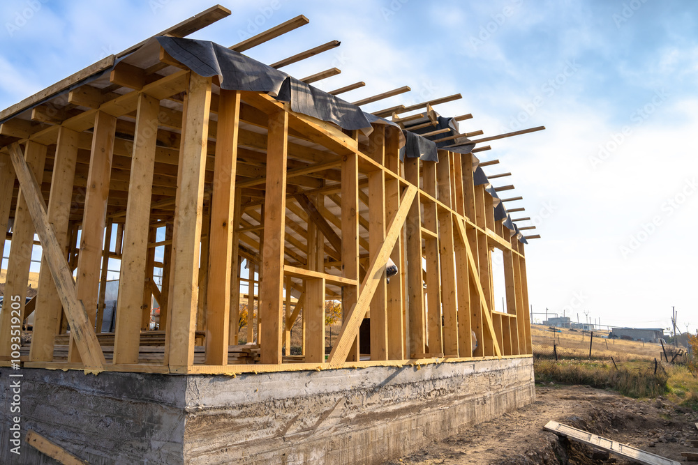 Construction works, building a house with wood Construction works, building a house with wood