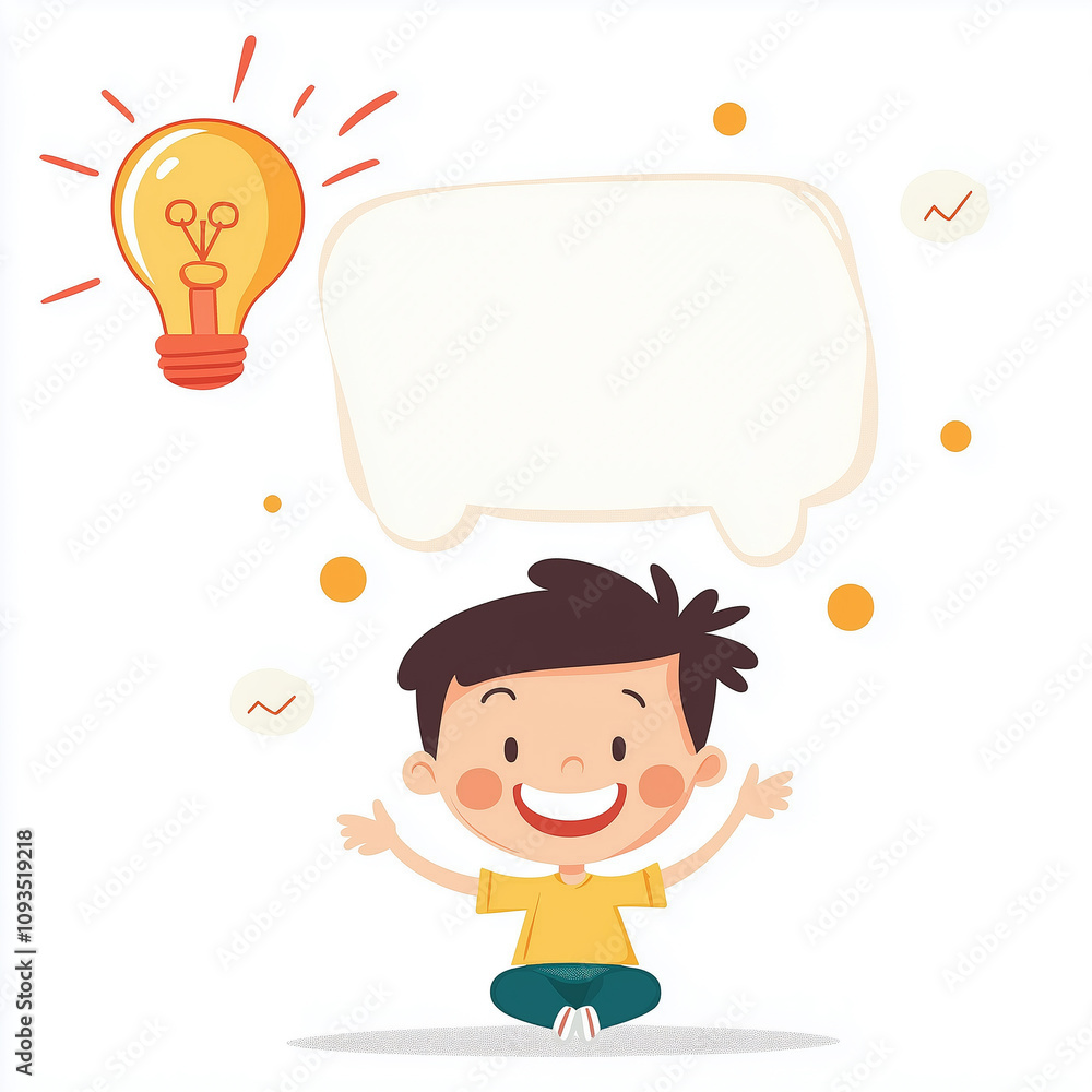 Kid flat illustration with empty text bubble above head and light bulb idea Kid flat illustration with empty text bubble above head and light bulb idea