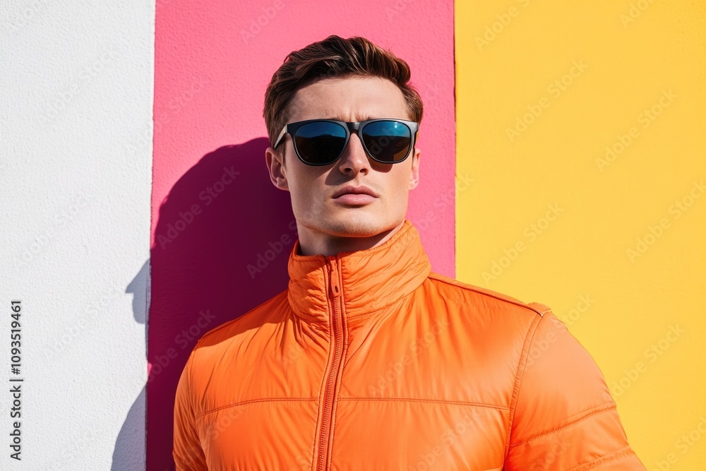 A person wearing an orange jacket, sunglasses, and leaning against a colorful wall A person wearing an orange jacket, sunglasses, and leaning against a colorful wall