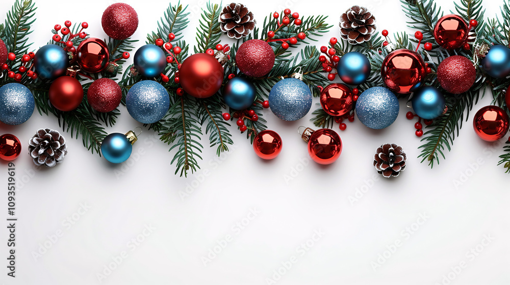 Decoración navideña con ramas de pino, esferas rojas y azules, y bayas Decoración navideña con ramas de pino, esferas rojas y azules, y bayas