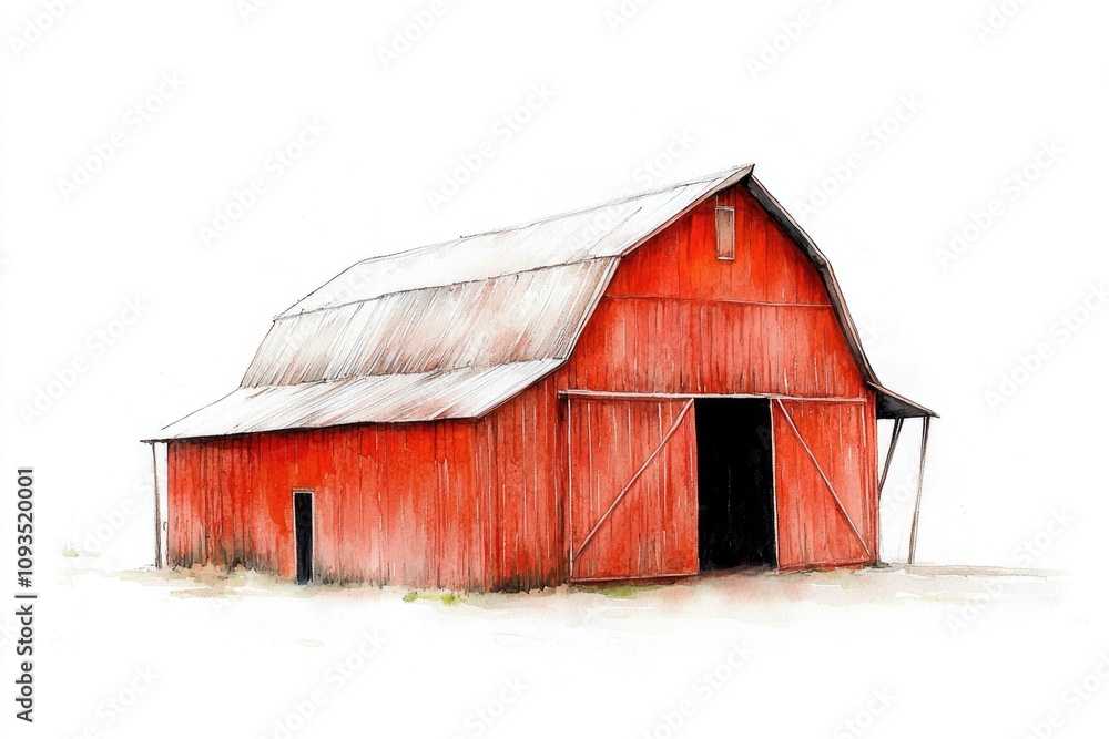 A classic red barn stands out against a bright white background, perfect for rural or country-themed projects A classic red barn stands out against a bright white background, perfect for rural or country-themed projects