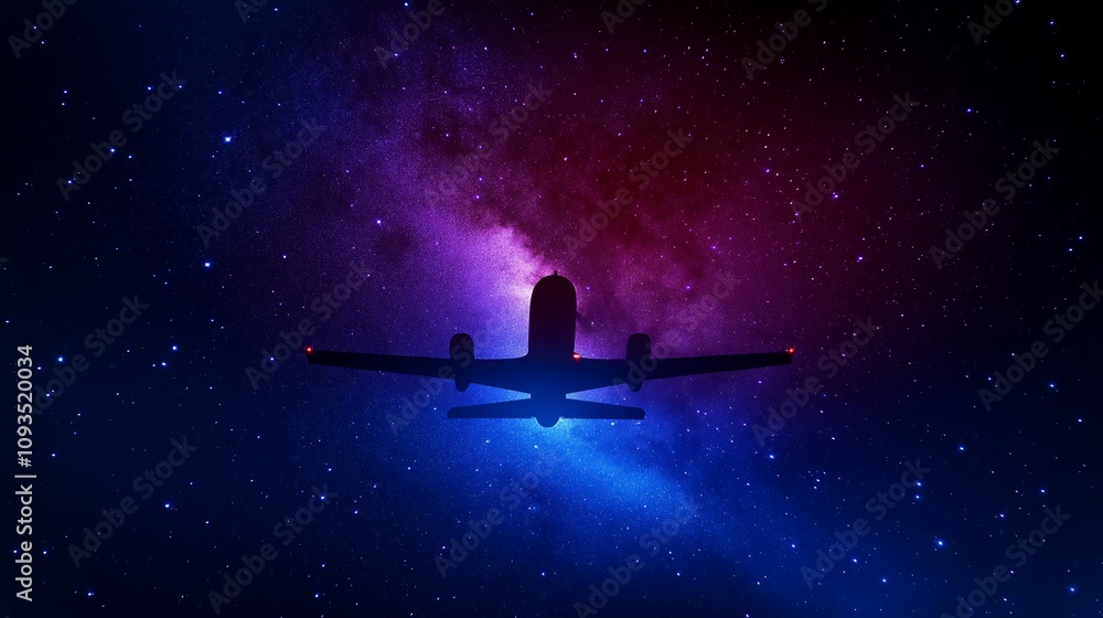Obraz premium Starry Sky with a Silhouetted Airplane