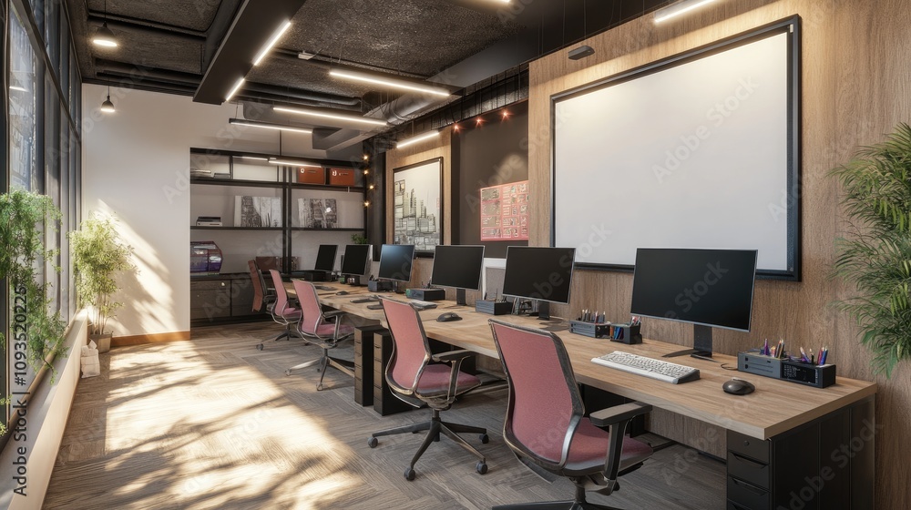 Modern coworking office space with sunlight, computers, and large blank screen. Modern coworking office space with sunlight, computers, and large blank screen.