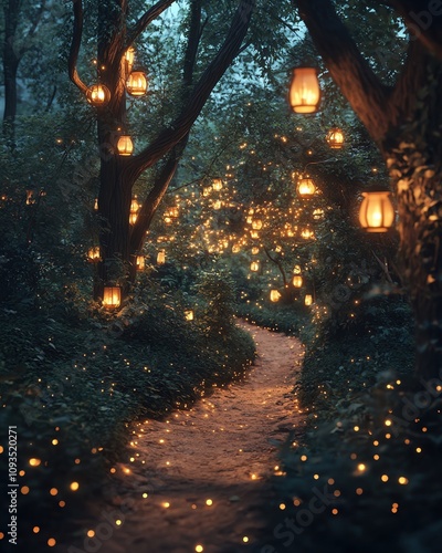 A serene forest pathway illuminated by glowing lanterns and string lights, creating a magical atmosphere at twilight in a tranquil setting