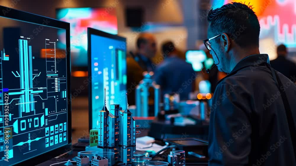 A man looks at a screen displaying technological innovations during a conference or exhibition, Various technological innovations showcased at a tech conference A man looks at a screen displaying technological innovations during a conference or exhibition, Various technological innovations showcased at a tech conference