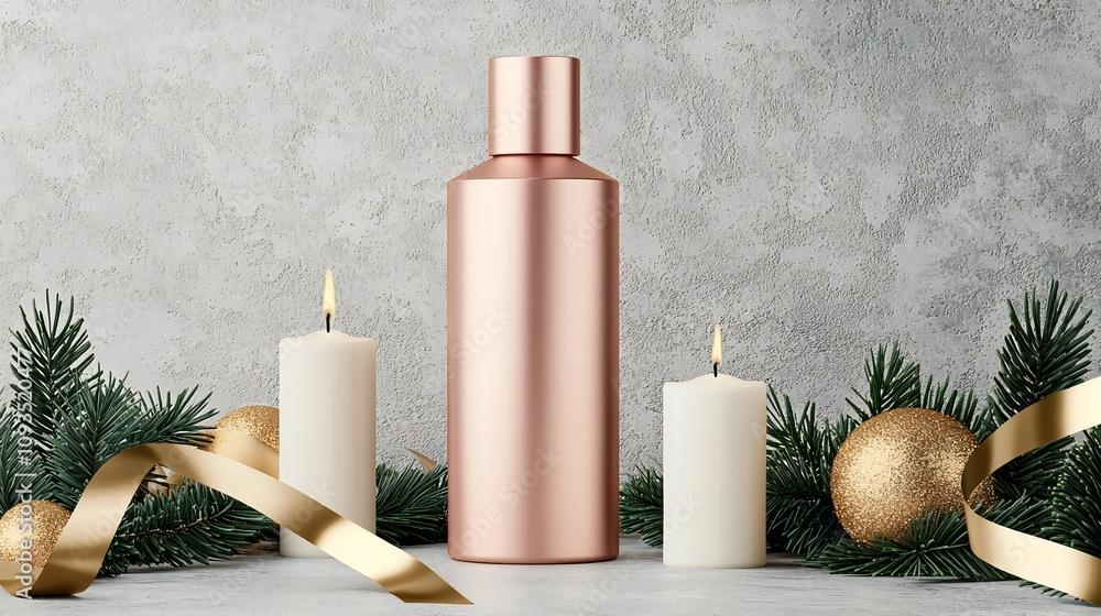 Rose Gold Bottle Mockup Festive Christmas Scene with Candles Rose Gold Bottle Mockup Festive Christmas Scene with Candles