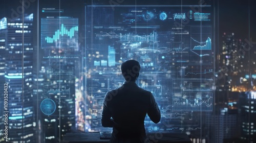 A person analyzing digital data against a city skyline backdrop.