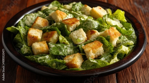 Fresh and Crisp Caesar Salad with Croutons in Wooden Bowl