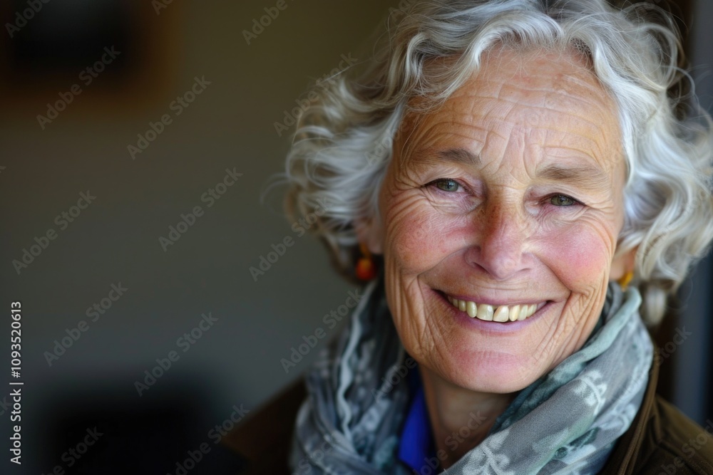 A senior woman with white hair and a colorful scarf smiling, possibly for a photo shoot or as a character in a story A senior woman with white hair and a colorful scarf smiling, possibly for a photo shoot or as a character in a story