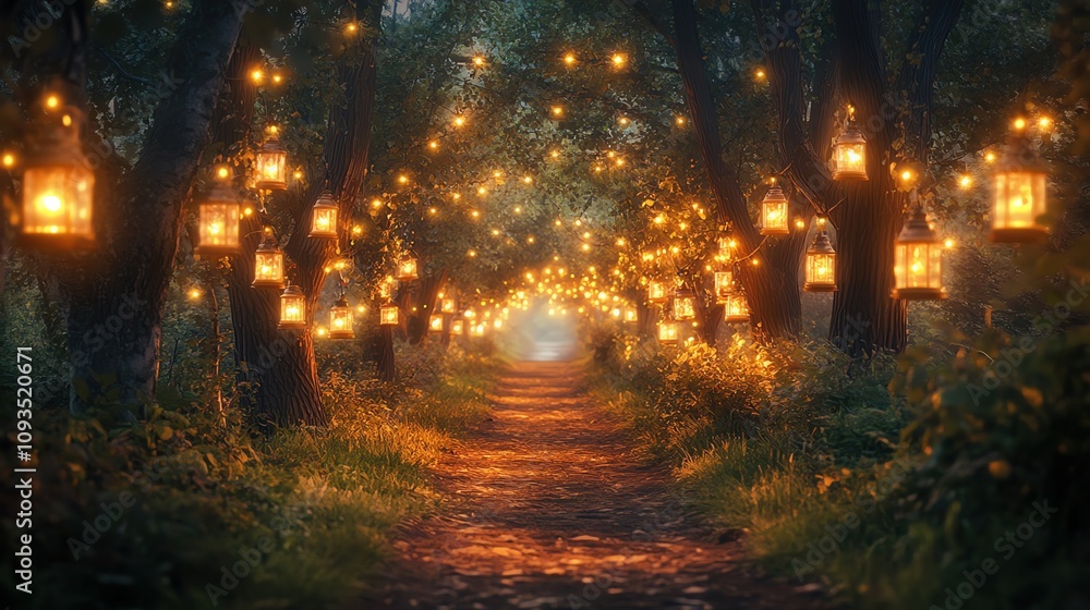 A serene forest pathway illuminated by glowing lanterns and string lights, creating a magical atmosphere at twilight in a tranquil setting