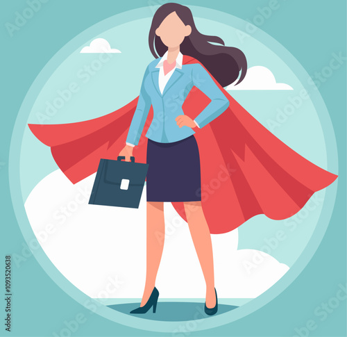 business woman superhero flat vector illustration, Empowered Businesswoman with a Red Cape Symbolizing Strength and Leadership in a Professional Setting